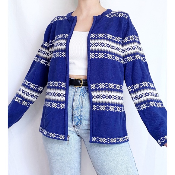 Vintage Retro Fair Isle Blue + White Printed Zip Up Knit Cardigan Sweater - Picture 2 of 12